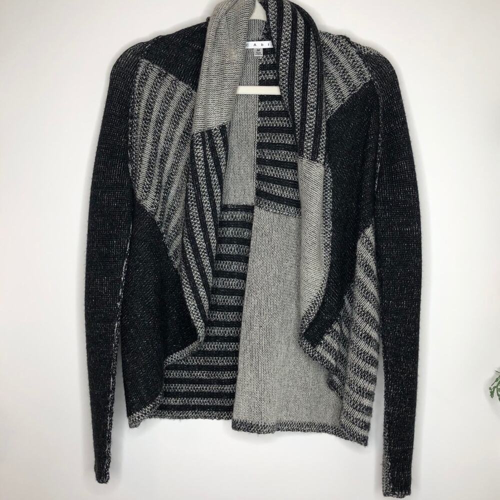 CAbi gray and black open front waterfall cardigan wool blend